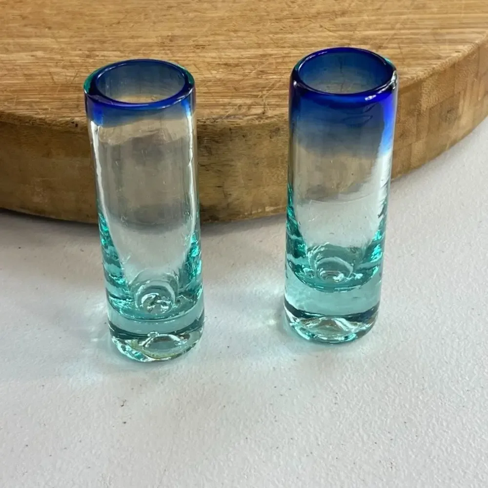 Glass Blown Shot Glasses Cobalt Blue Rim Thick Glass Set of 3 holds 2 ozs